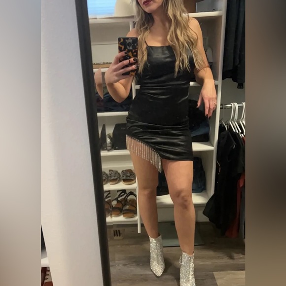 Lulus Strobe Lights Black Satin Rhinestone Fringe Mini Dress NWT - Picture 7 of 14